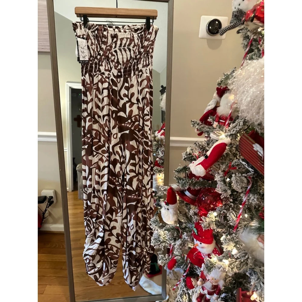 Sam and Jess Jumpsuit Ivory Brown Three Way Tie Size Medium 100% Rayon - Picture 5 of 8